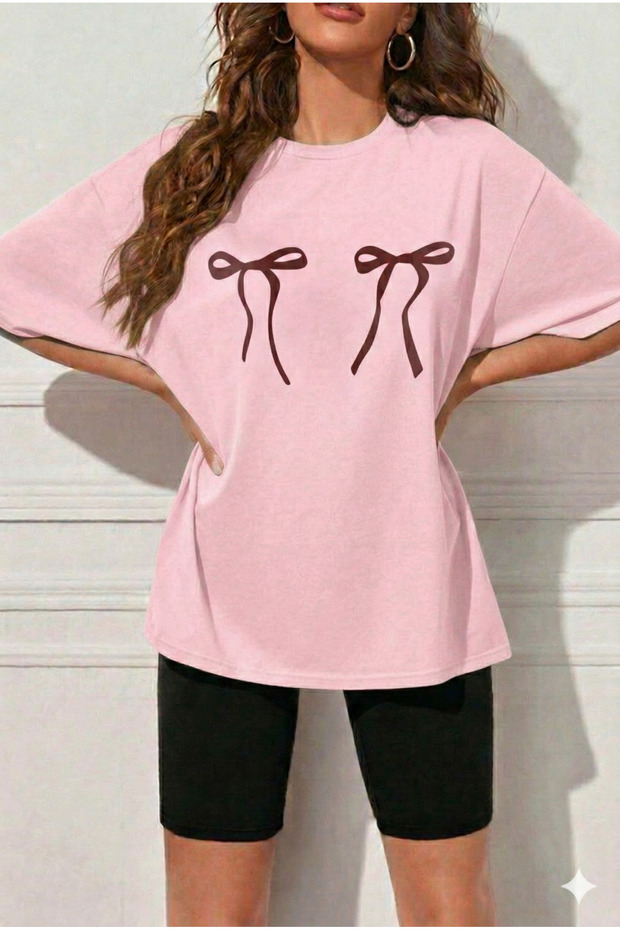 Women's Bowknot Printed Oversized T-Shirt Leggings Set Loose Combination Boyfriend Style