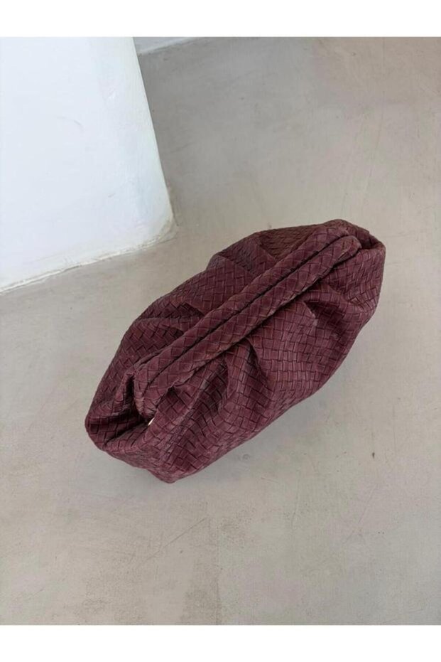 The Moiss Glow Suede Large Size Burgundy Knitted Detailed Hand, Shoulder and Crossbody Bag Piece Bag, 33 cm X 21 cm