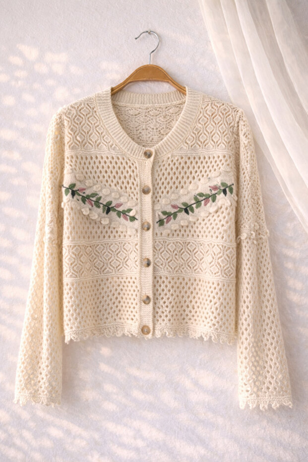 Embroidered Romantic Cardigan Women's Wheat