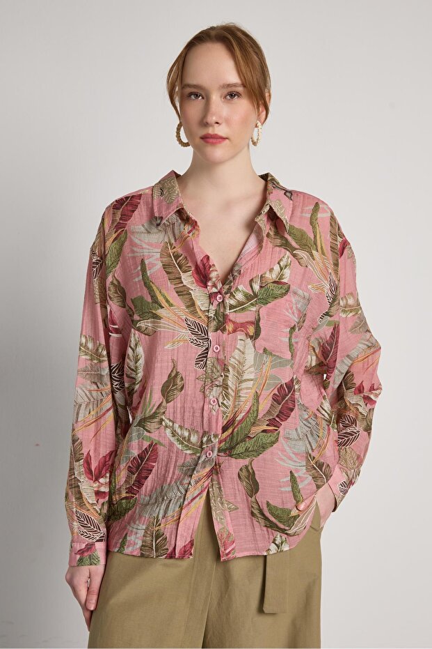 Oversized V-Neck Floral Print Pink Women's Shirt 31048