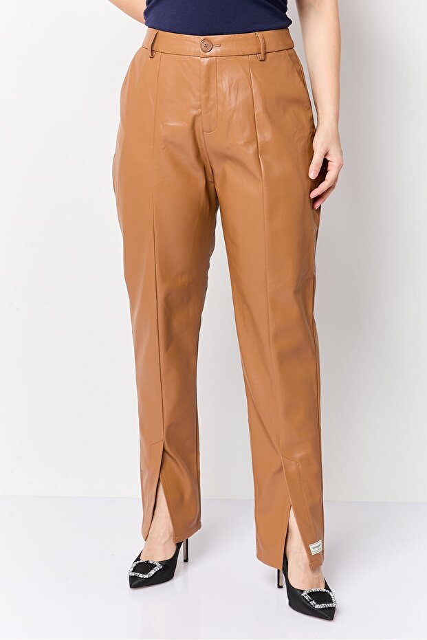 Women Regular Fit Solid Leather Bootcut Pants, Tan