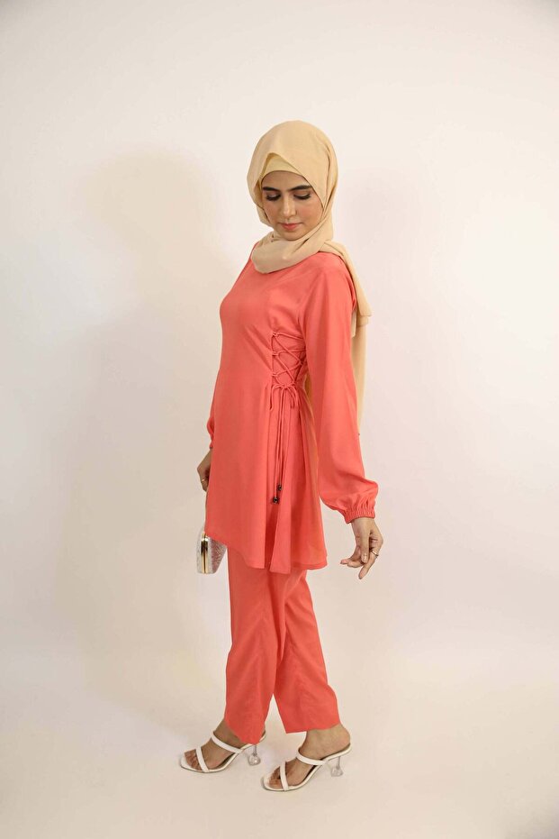 Libaslab Tawoos - Enchanting Modest Two Piece Co-ord Set with Knot Detailing on Sides - Peach Pink