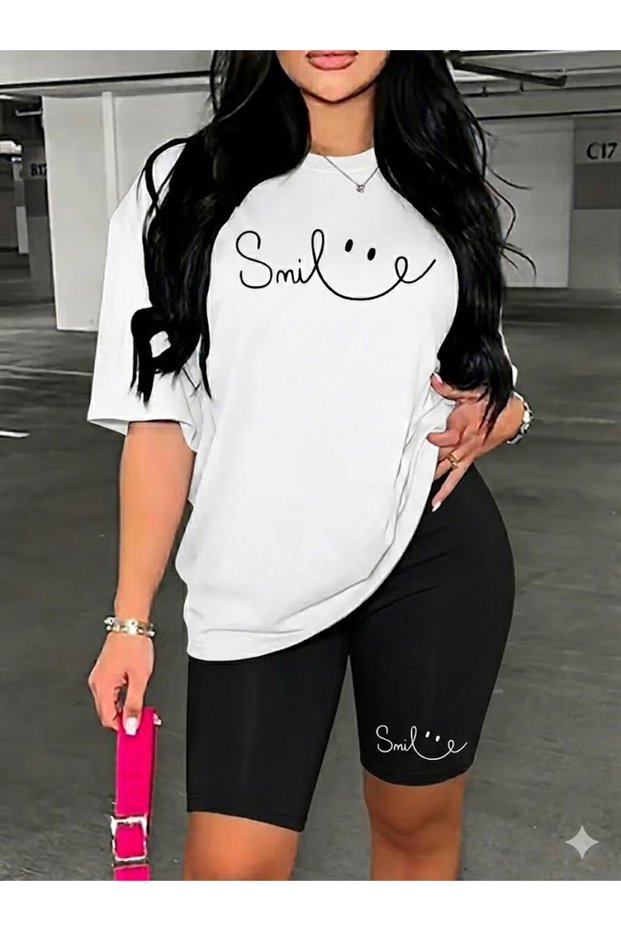 Women's Smile Printed Oversized T-Shirt Leggings Set Loose Combination Boyfriend Style