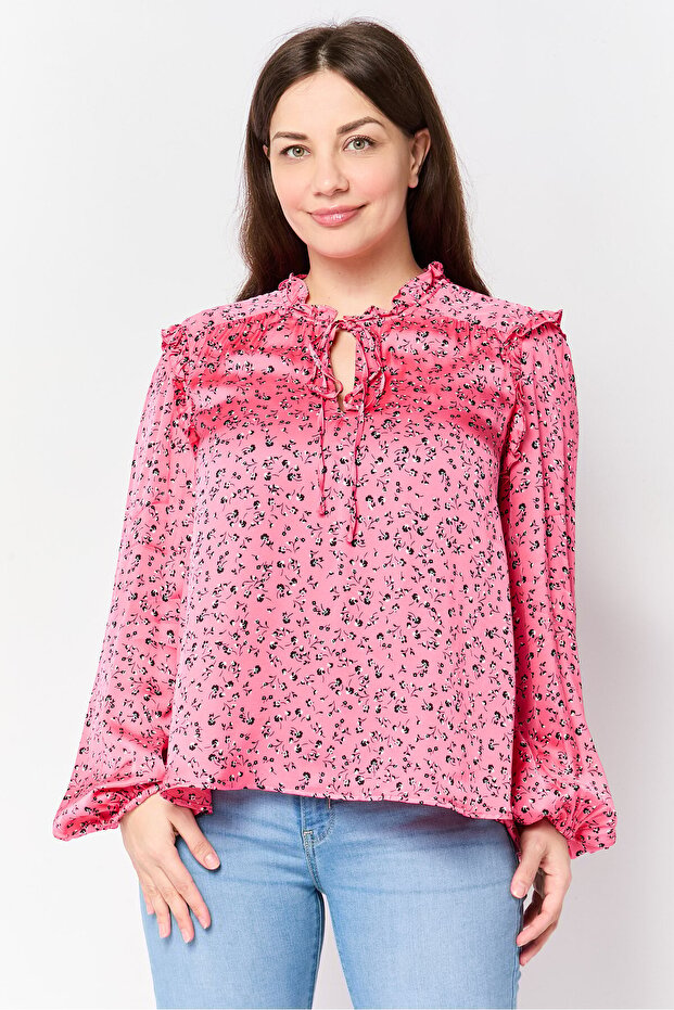 Women Tie Neckline Long Sleeve Floral Print Shirt, Multicolor