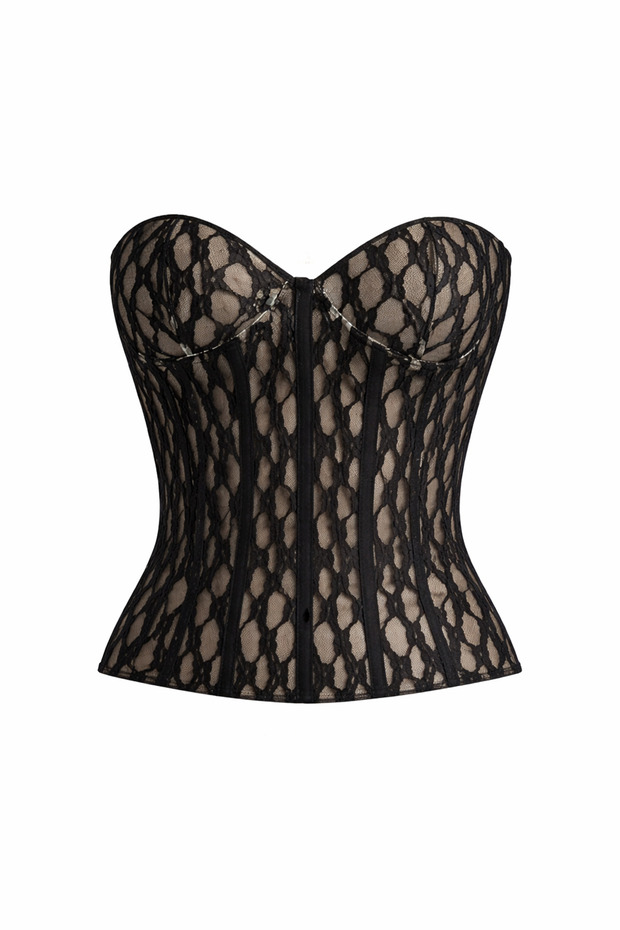 Ecru - Black Lace Design Bustier - Blouse - Black - m