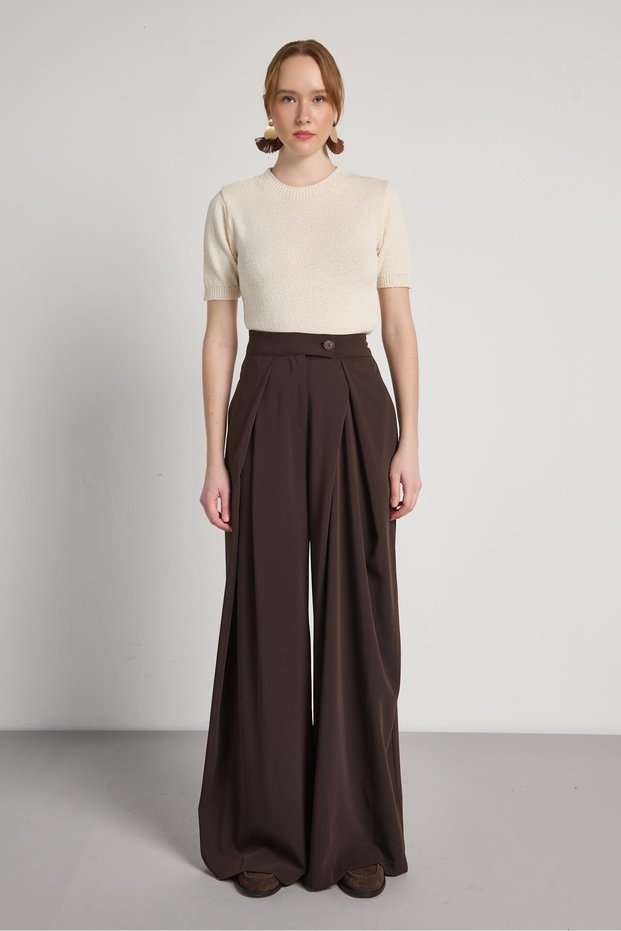 Women's Brown High Waist Pleated Detailed O Oversized Trousers 31029