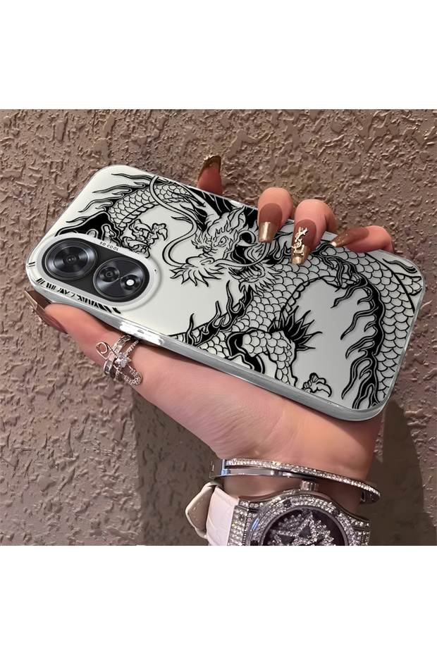 Silicone Edge Hard Back Phone Cover Compatible with Oppo A60 Dragon Patterned