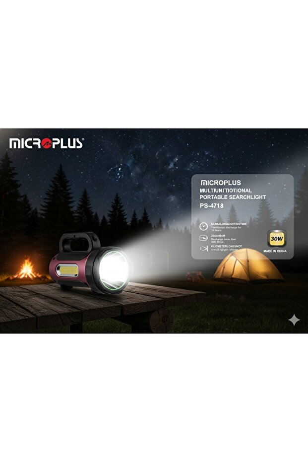 كشاف يدوي محمول قوي من Microplus، مثالي للتخييم ببطارية تدوم طويلاً.