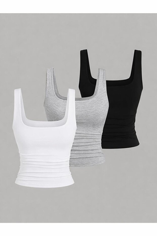 Kadın 3'lü Likralı Basic Bluz - 2