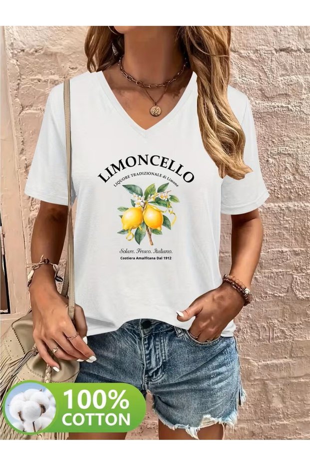 Printed T-Shirt, Short Sleeve V Neck Summer & Spring Casual Top, Women's Clothing