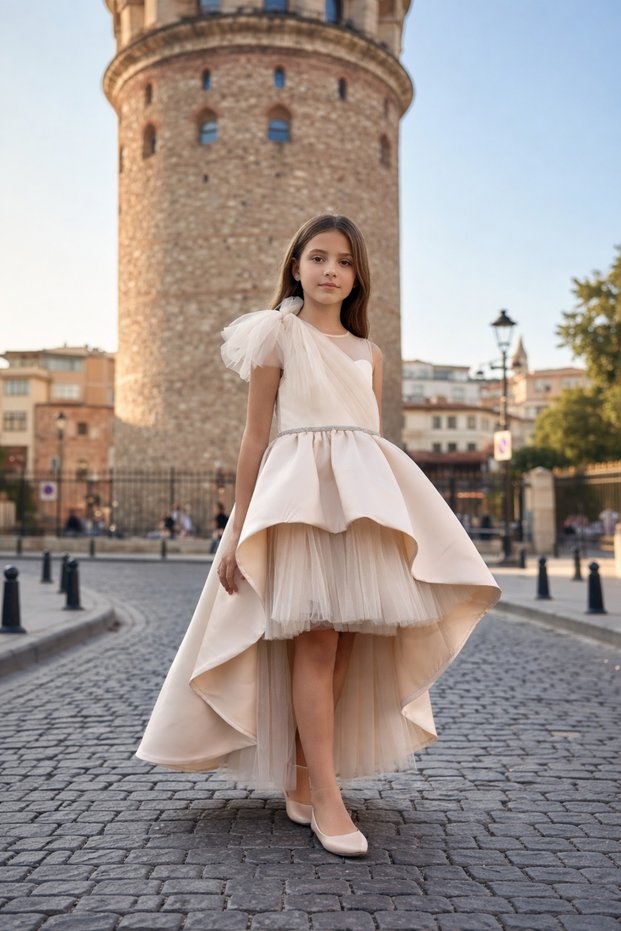 Matte Satin Trailing Girls' Evening Dress, Wedding, Engagement, Birthday, Graduation