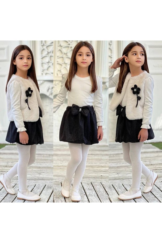 Girls' Skirt and Fur Y Vest Set Silvery 3-Piece Set