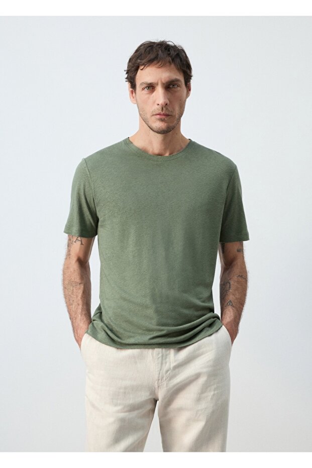 Slim fit keten tişört - 1