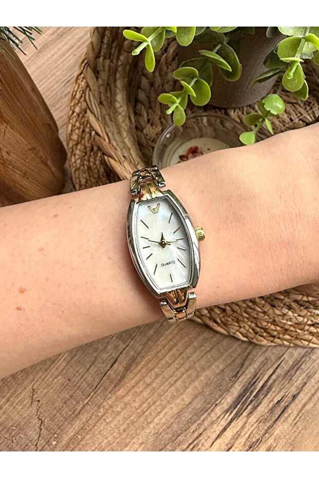 Vintage Rectangular Gold - Silver Inside White Women's Wristwatch