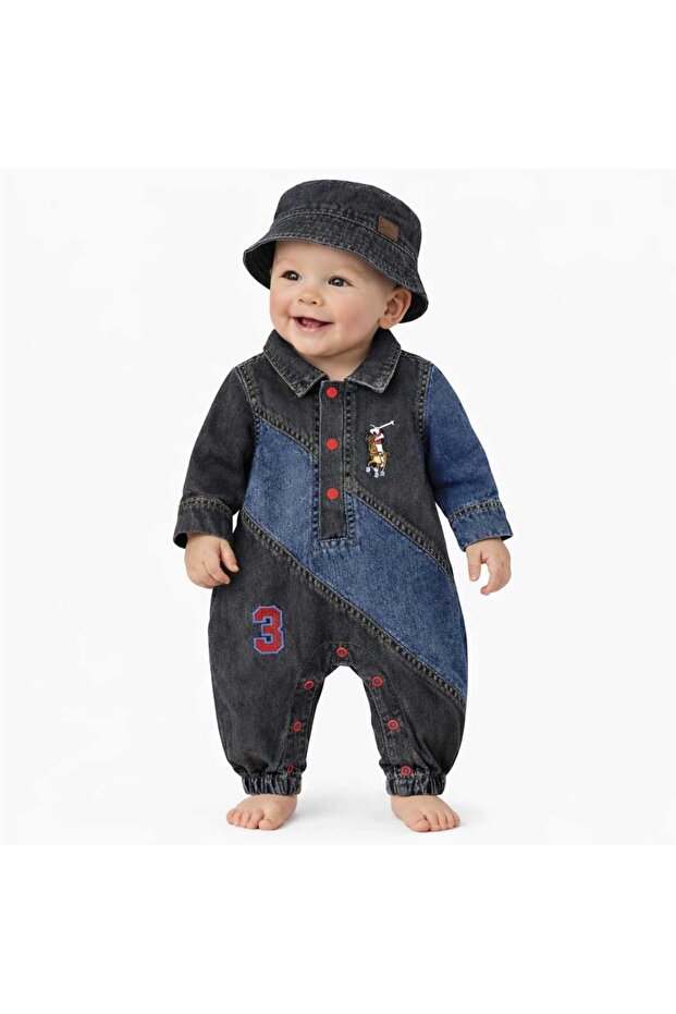 Unisex Kids Baby Jeans Overalls with Embroidered Hat (3/6/9/12) Months