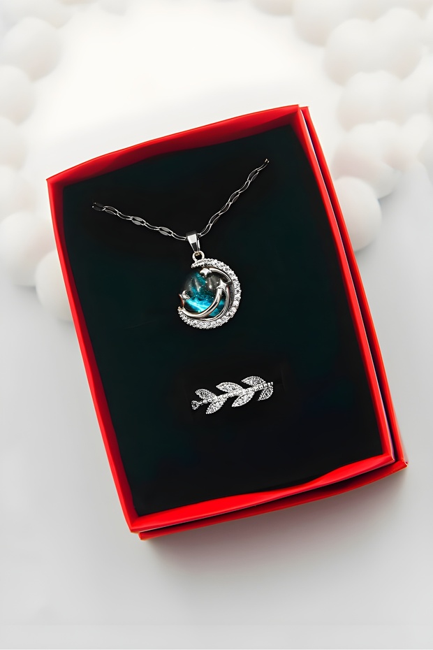 Sky Model Silver Women's Planet Steel Necklace and Leaf Silver Zircon Ring