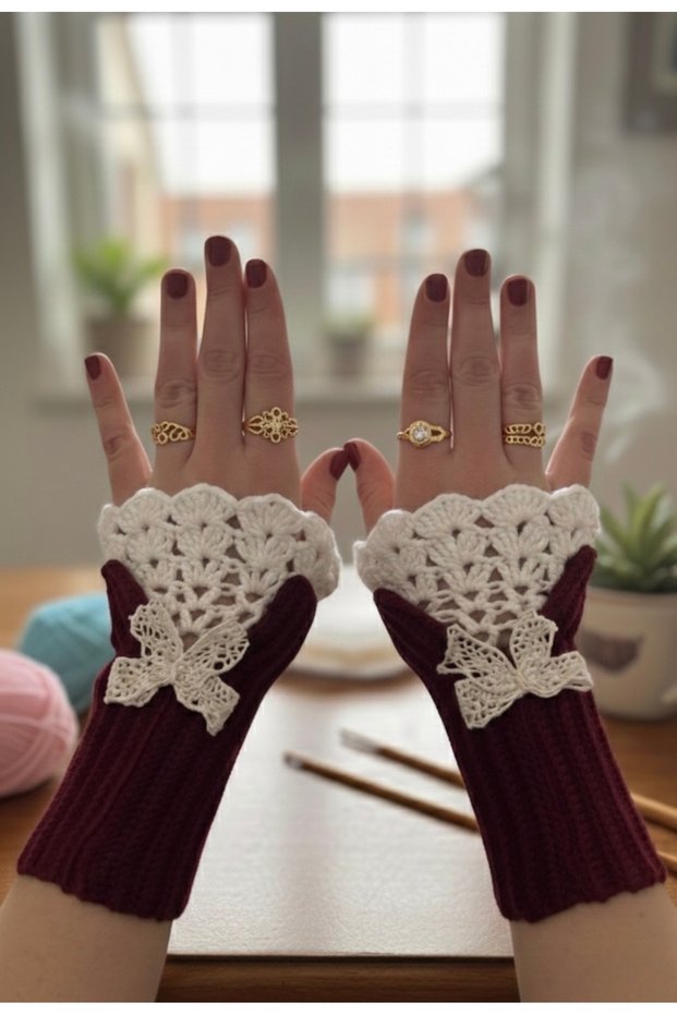 Vintage Inspired Ribbon-Decorated Hand-Knitted Gloves