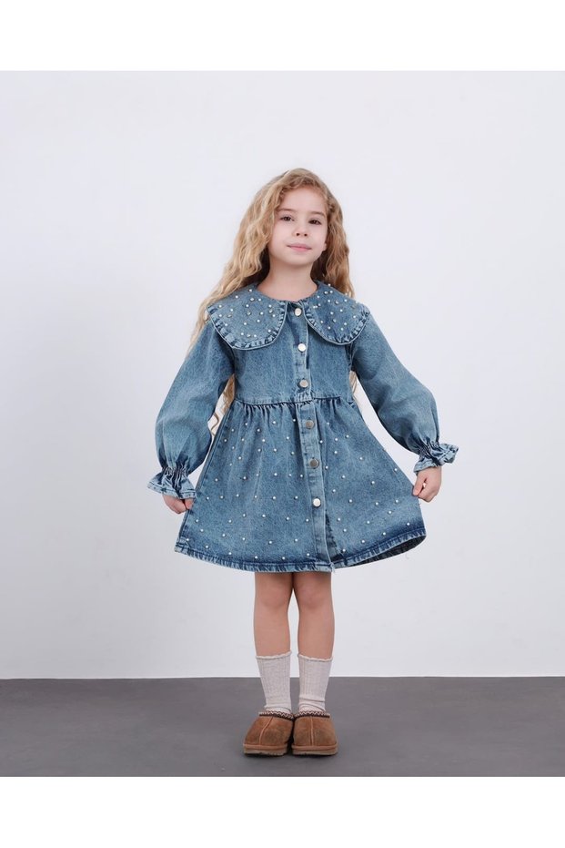 New Season Girls' Festive Perl and Stone Decorated Denim Jeans Dress for Ages 4-12