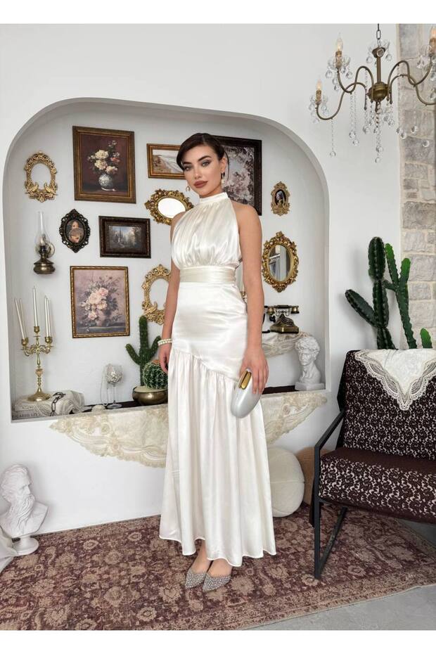 Drapeli Halter Yaka Uzun Elbise - 7