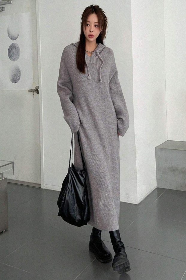 Women's Hooded Brioche Knit Knitted Softwear Knit Dress Size 36/44 Compatible