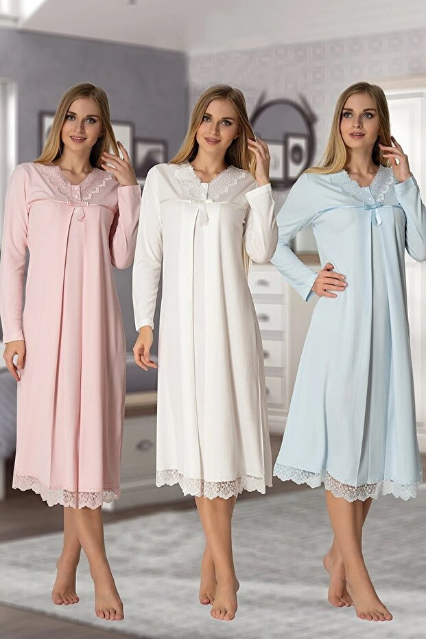 Dvina Maternity Pregnant Lace Detailed Nightgown - Blue
