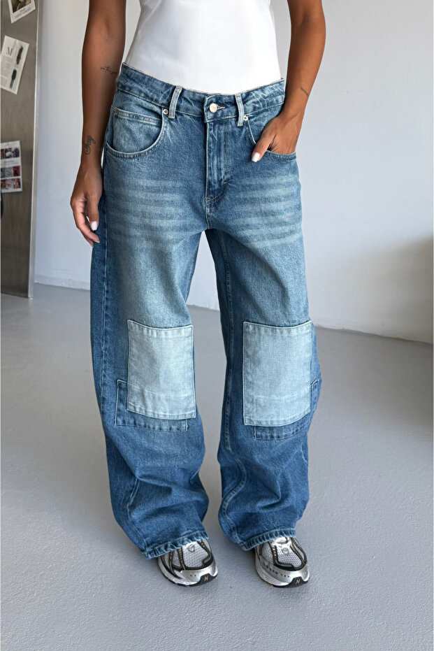 Unisex Cargo Patch Wide Jean Knee Patched Loose Relaxed Pants