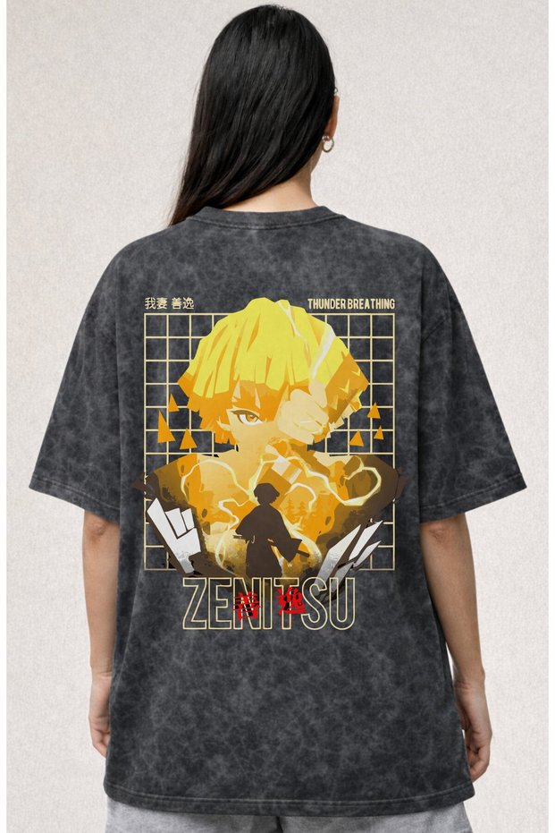 Zenitsu Agatsuma Kimetsu No Yaiba Anime Characters Printed Unisex Oversized Distressed Washed T-Shirt