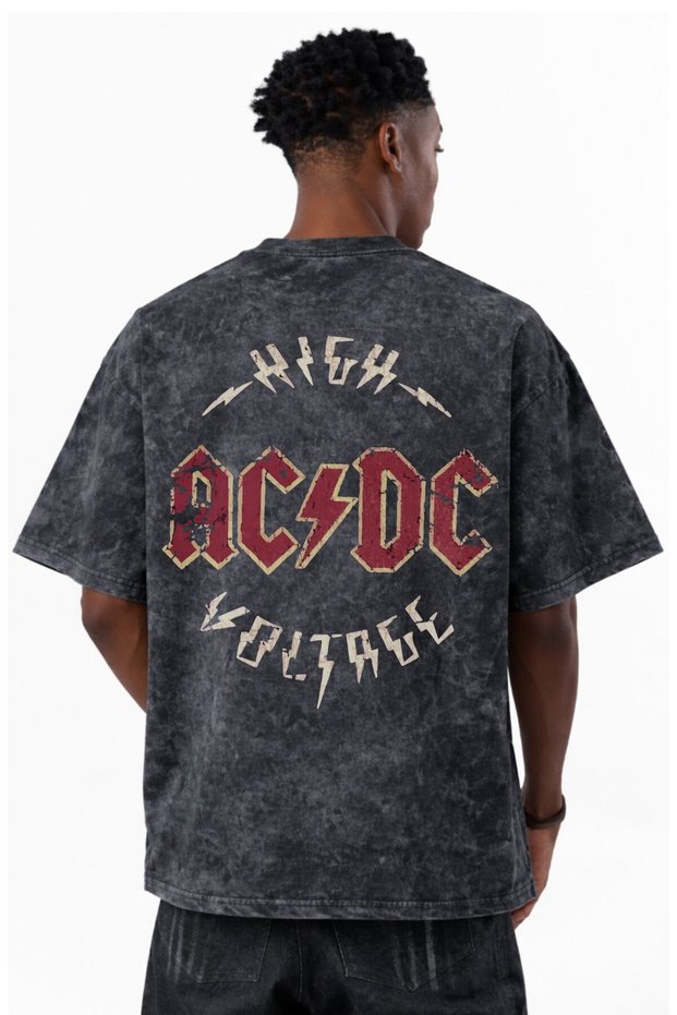Design High Voltage Ac Dc Rock Metal Music Band Printed Unisex Oversized Distressed Washed T-Shirt