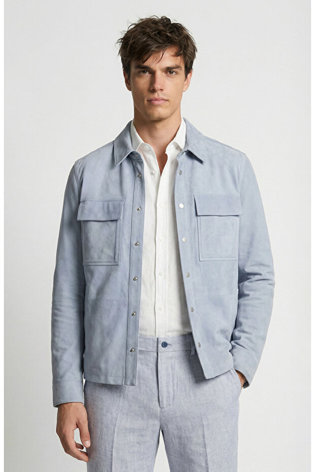 Mavi Çıtçıtlı Süet Deri Mont - 1