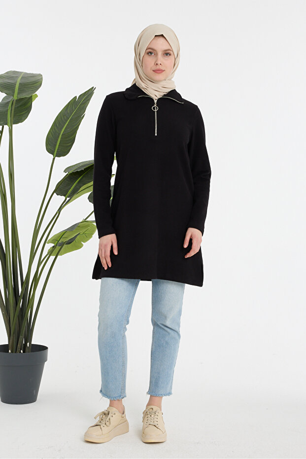 Half-Zip Black Tunic — Long Sleeve Relaxed Fit Casual Tunic