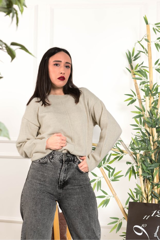 Crew Neck Stripe Detail Casual Women's Knitwear Sweater