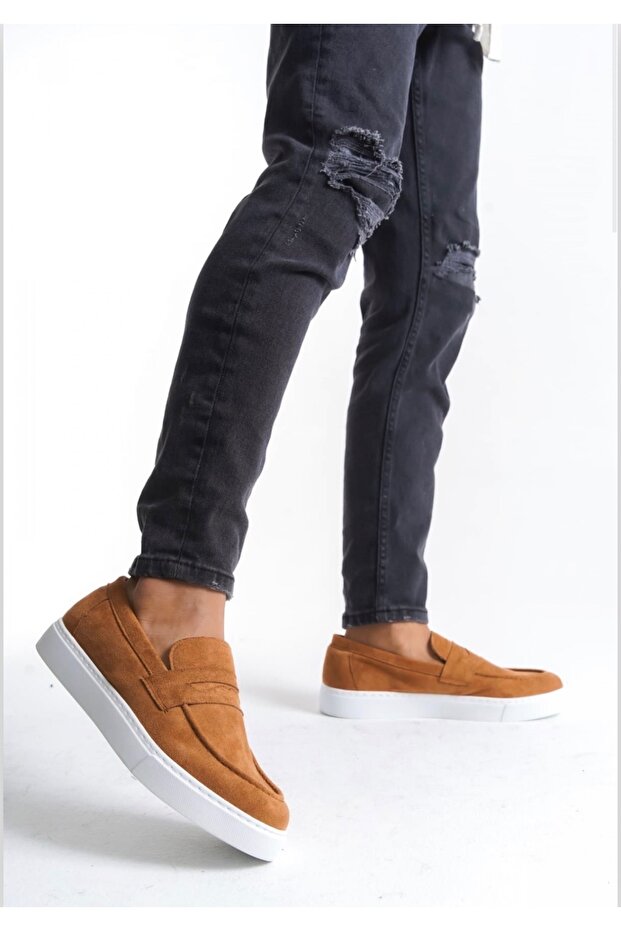 Ba0580 Laceless Belted High Sole Tan Suede Men's Shoes