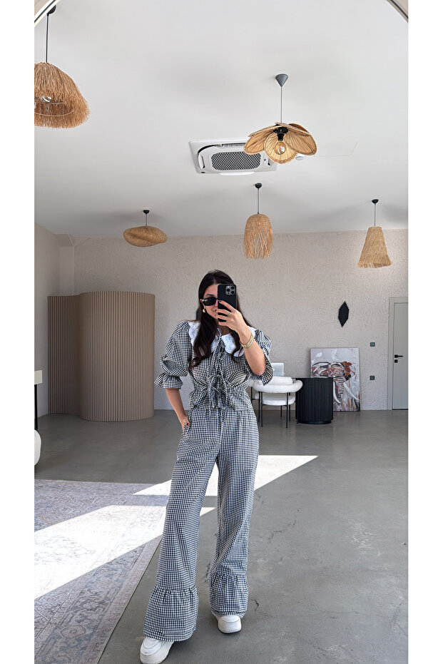 طقم بلوزة وبنطلون أسود نقشة مربعات جنهام ياكاليدو - 1