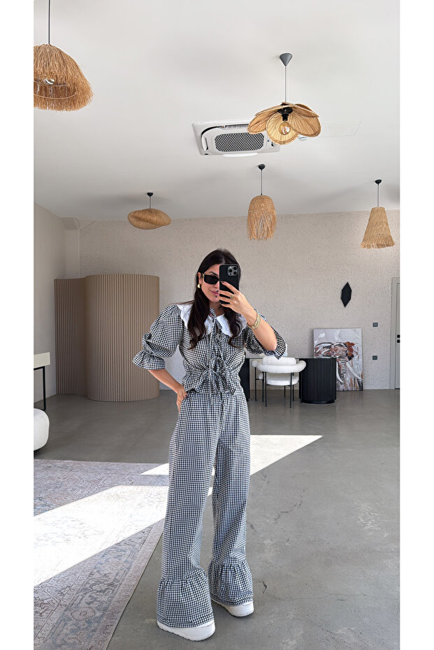 طقم بلوزة وبنطلون أسود نقشة مربعات جنهام ياكاليدو - 2