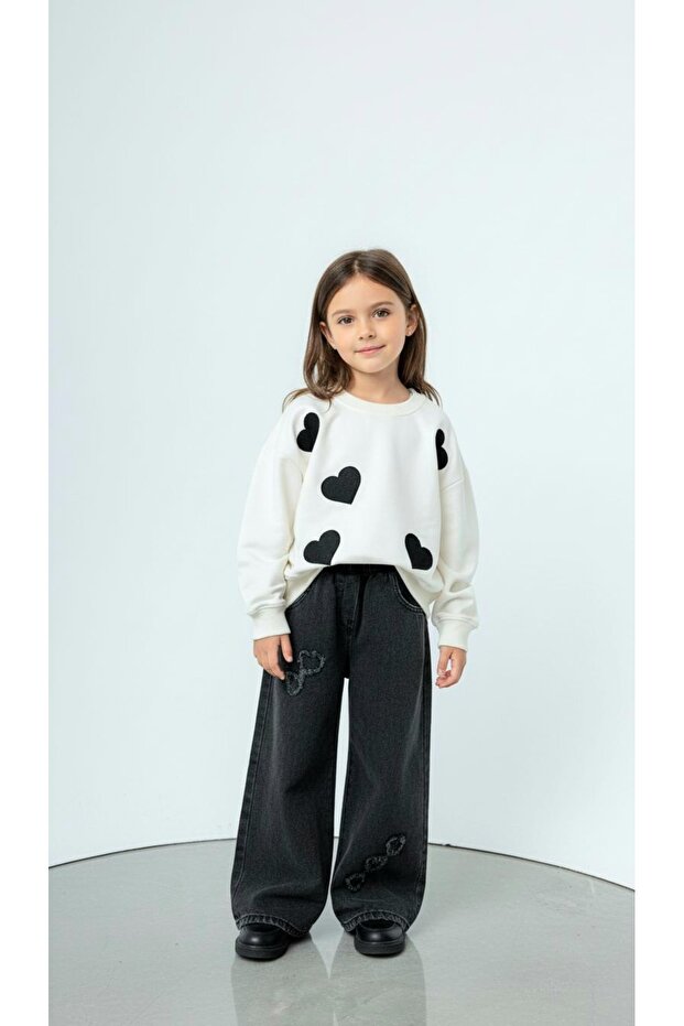 Girl's Outfit Set Top and Bottom Set Transitional Holiday Wear Cotton Fabric Full Stretch Fabric Heart Jeans Patterned