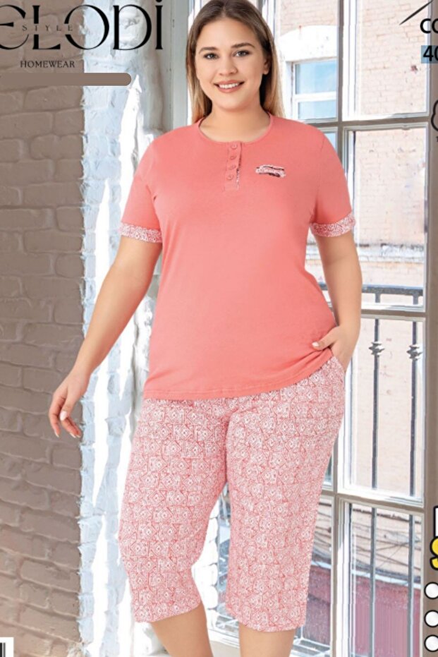 100% Cotton Piece Battal Large Size Women's Capri Pajama Set Salmon