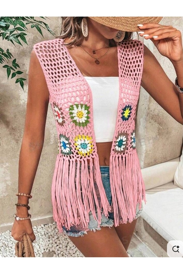 Megahan Bohemian Summer Floral Motif Loose-Fitting Hand-Knitted Granny Square Women's Tasseled Fiyle Vest