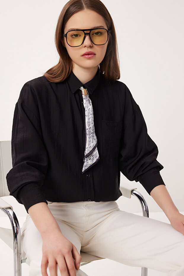 Scarf Detailed Oversized Woven Shirt Ldz0061 Black