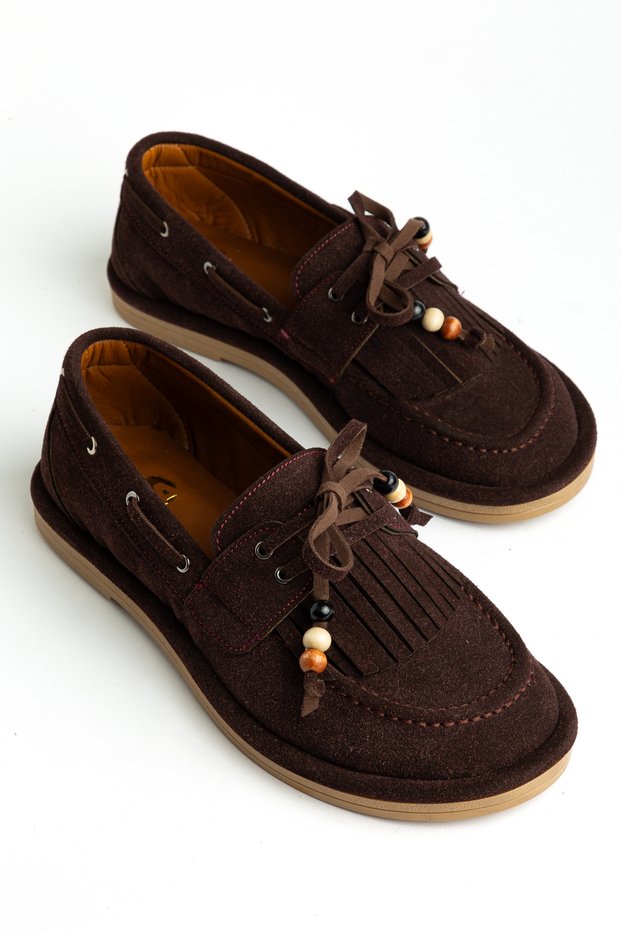 Acıkahve Suede Tasseled Beaded Women's Loafers Shoes