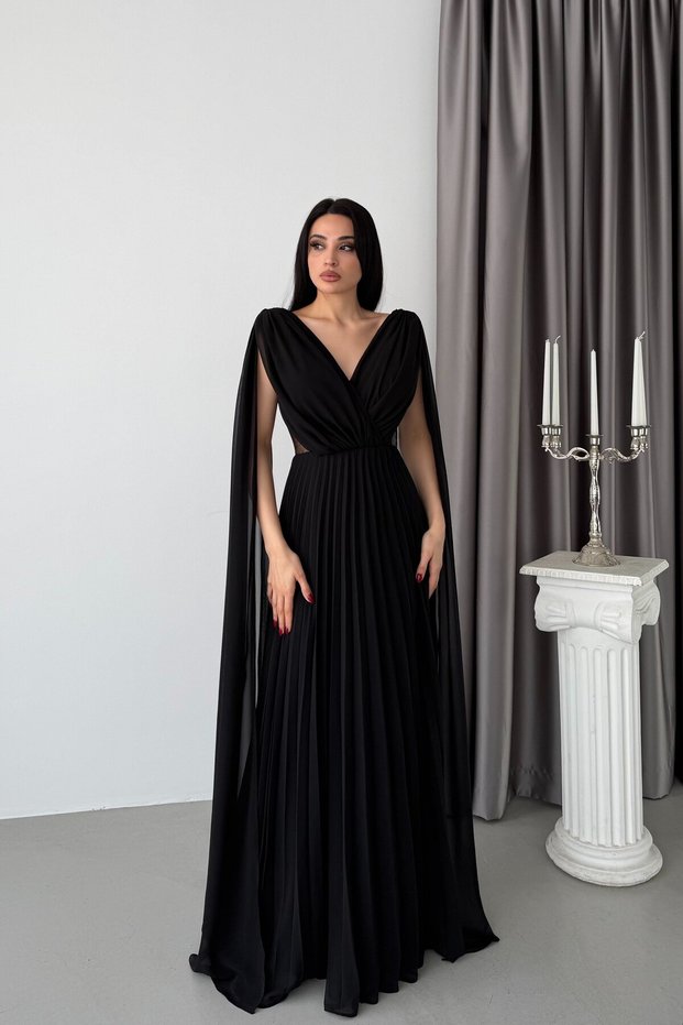 Black Sheer Detailed Cape Sleeve Evening Dress