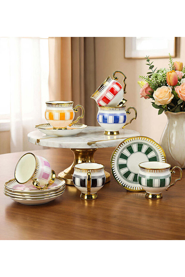 6-Piece Striped Gold Detailed Porcelain Cup Set