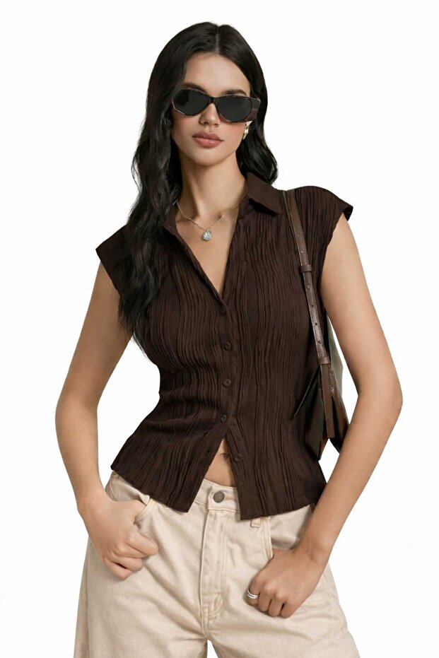 Women's Shirt Collar Button Wave Jacquard Slim Fit Tank Top