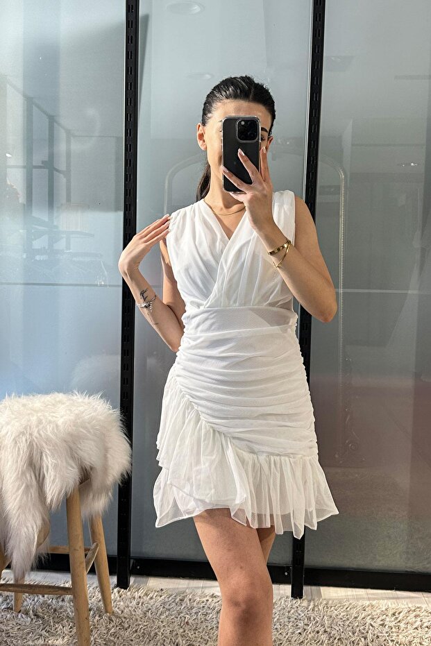 Skirt with Drape Detail Tulle Evening Dress - Ecru Ekru