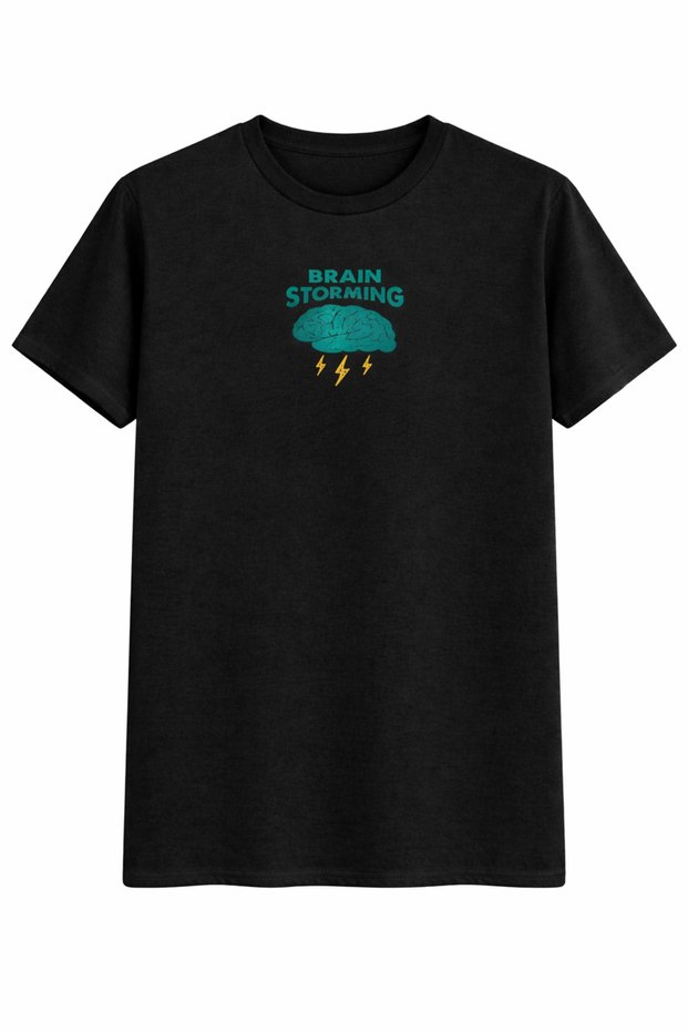 Unisex Printed T-Shirt Brain Storming Oversized 100% Cotton Black White Crew Neck Casual Streetwear