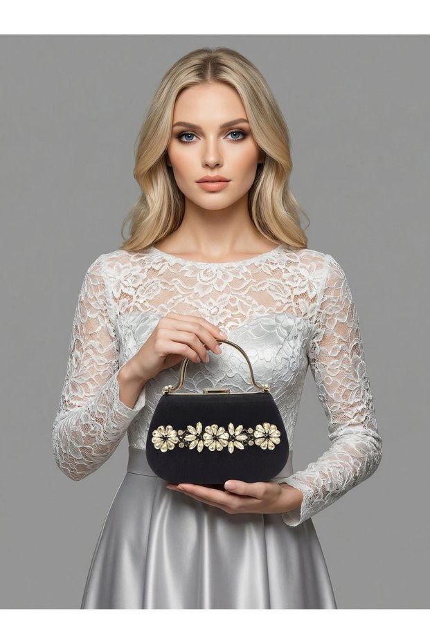 Black Color Glittery Satin Stone Strappy Chain Women's Evening Dress Bag Wedding Engagement Graduation