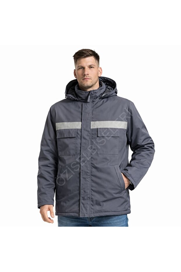 Bondit Fleece Pcs Navy Blue Reflective Hooded Work Coat Work Clothes