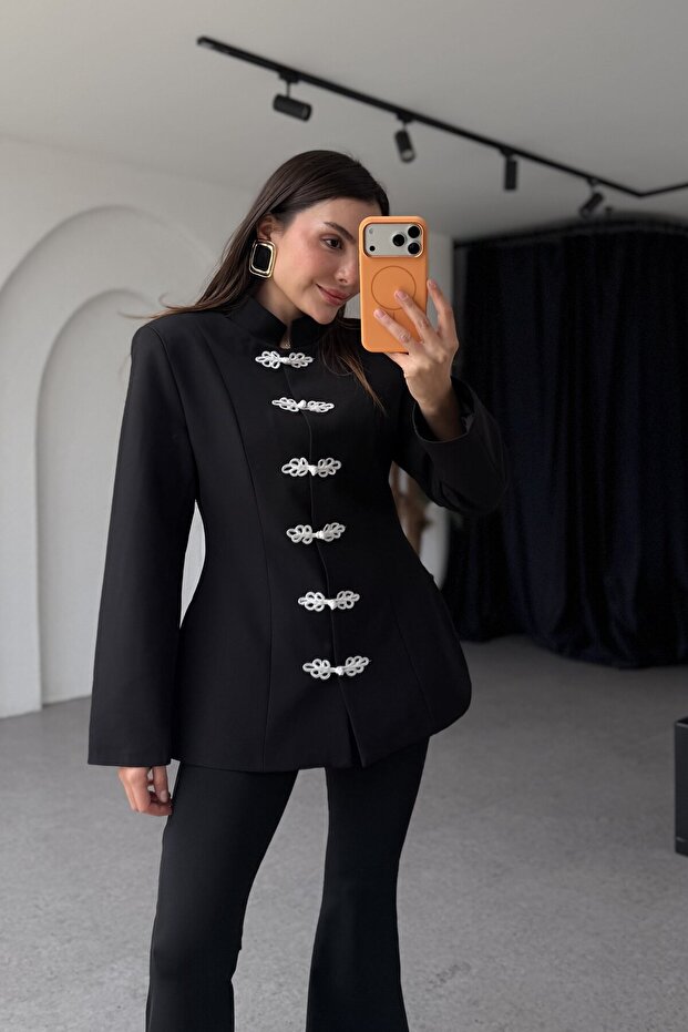 Napoleon Black Embroidered Buttoned Blazer Jacket