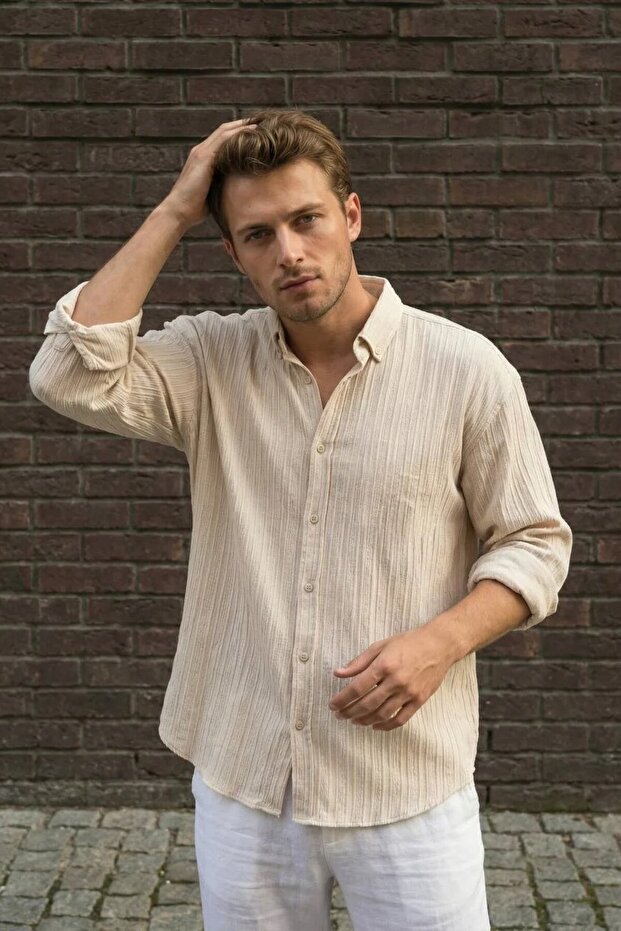 Men's Striped Textured Summer Shirts Long Sleeve Comfortable Fit Buttoned Beige Casual Shirt Ls-13037