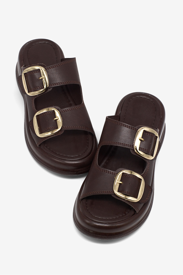 Women's Coffee Brown High-Sole Comfortable Double Buckle Slippers