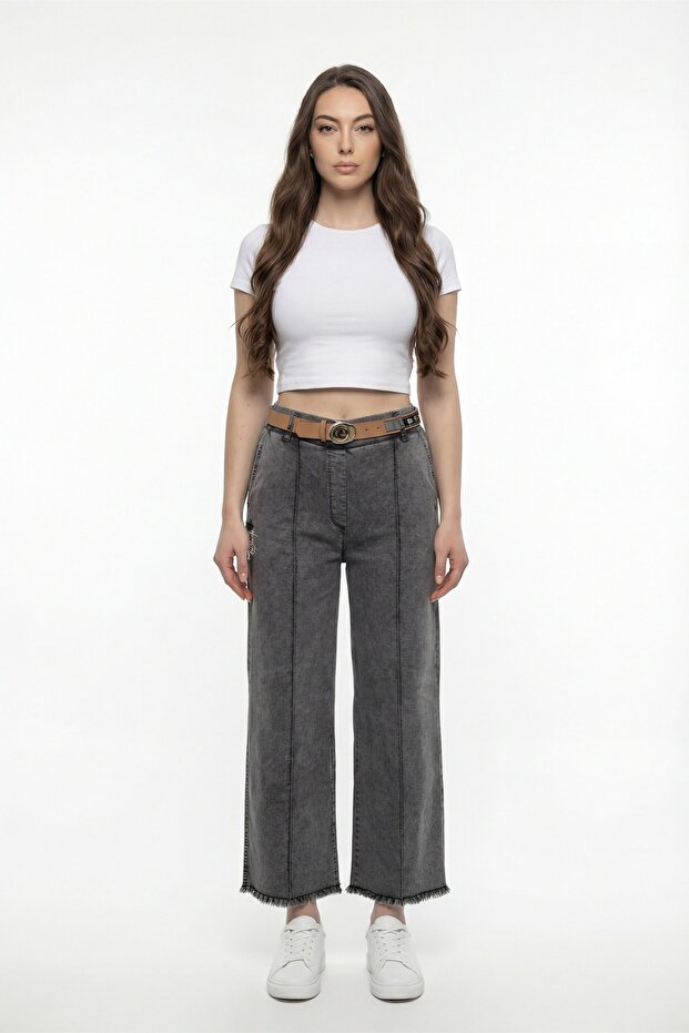 Women's Black Seasonal Elastic Waist Belt Piece Pipe Leg Trousers